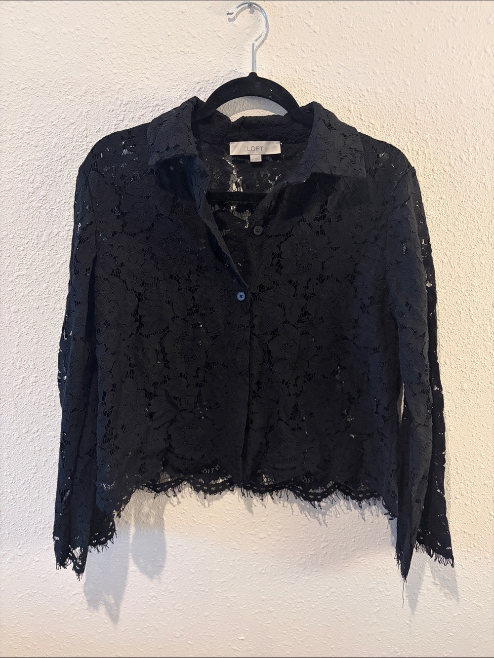 LOFT Black Lace Button-Front Collared Shirt